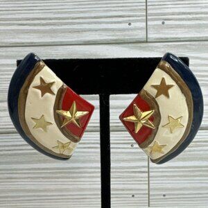 Vintage Enamel Red, White, Gold& Blue Stars Stud Earrings 2”